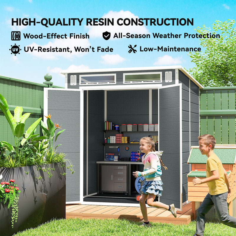 Children playing in front of a garden shed with high-quality resin construction features highlighted.
