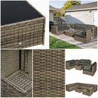 Collage of wicker outdoor furniture set with cushions, including a sectional sofa and storage box.