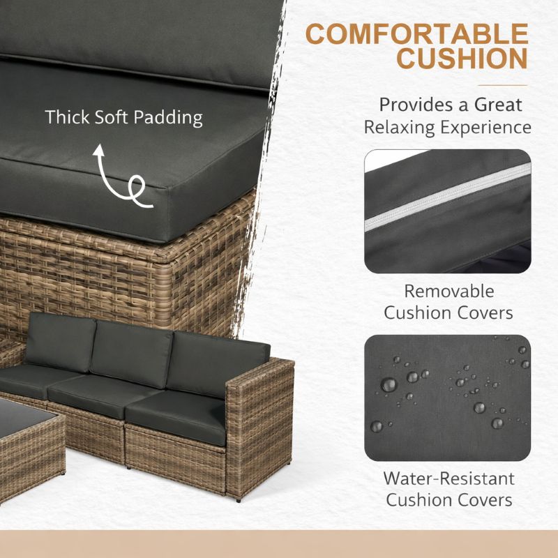 Outdoor furniture set with black cushions, highlighting comfort and features.