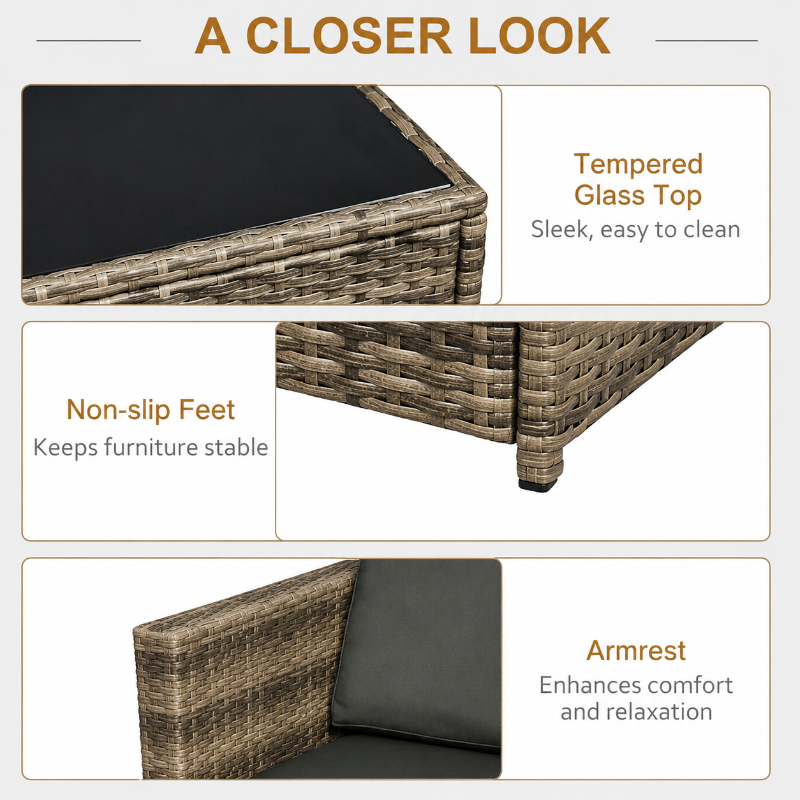 Wicker side table showing tempered Glass Top, non-slip feet and armrest