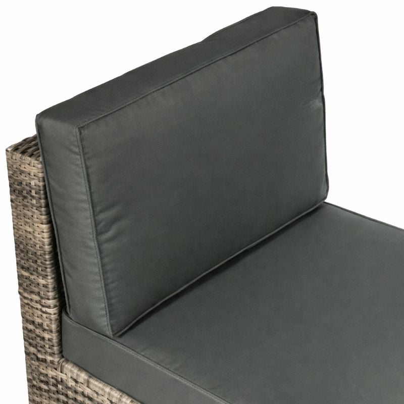 Gray cushioned outdoor chair with wicker frame on a white background