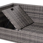 Gray wicker outdoor furniture set with a cushioned bench and storage box.