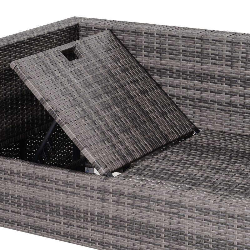Gray wicker outdoor furniture set with a cushioned bench and storage box.