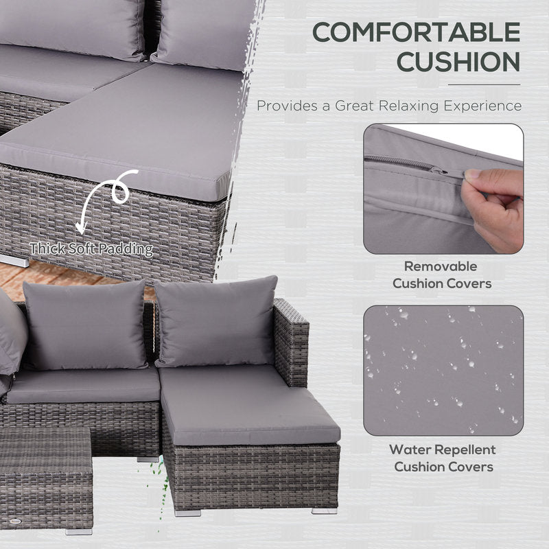 Gray outdoor furniture set with cushions, emphasizing comfort and durability.