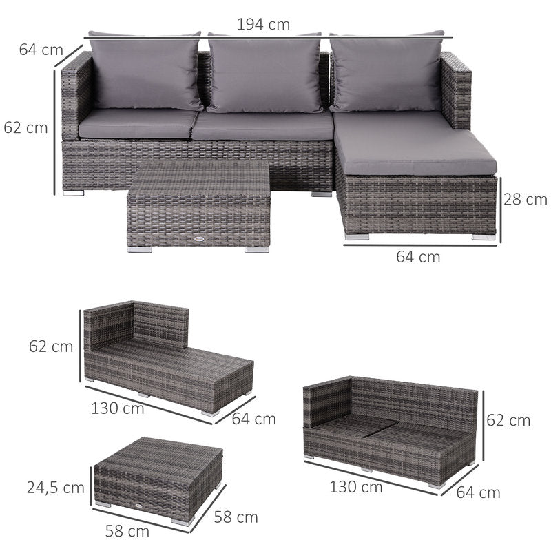 Dimensions of a gray outdoor sofa set with cushions on a white background