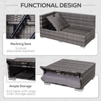 Outdoor furniture set with reclining seat and storage table, featuring text on functional design.