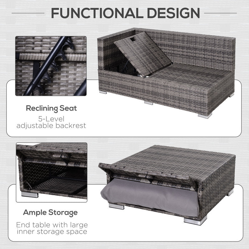 Outdoor furniture set with reclining seat and storage table, featuring text on functional design.