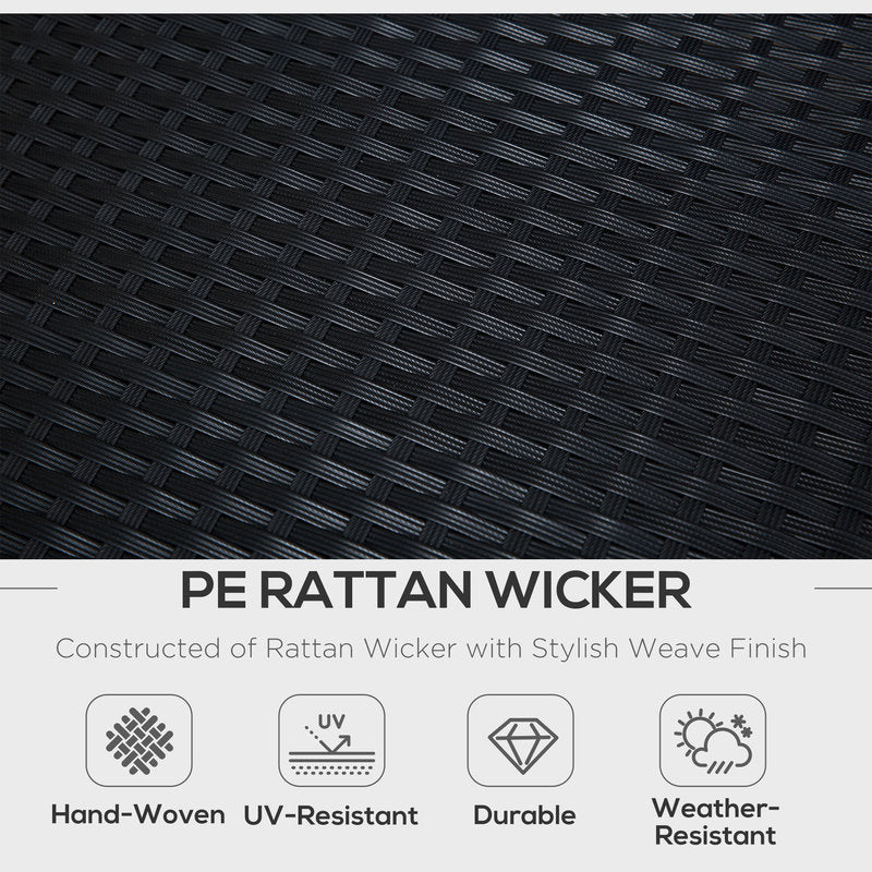 Close-up of black PE rattan wicker material with text highlighting its features.