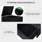 Black storage coffee table with two drawers and a lid, featuring text on storage capacity.