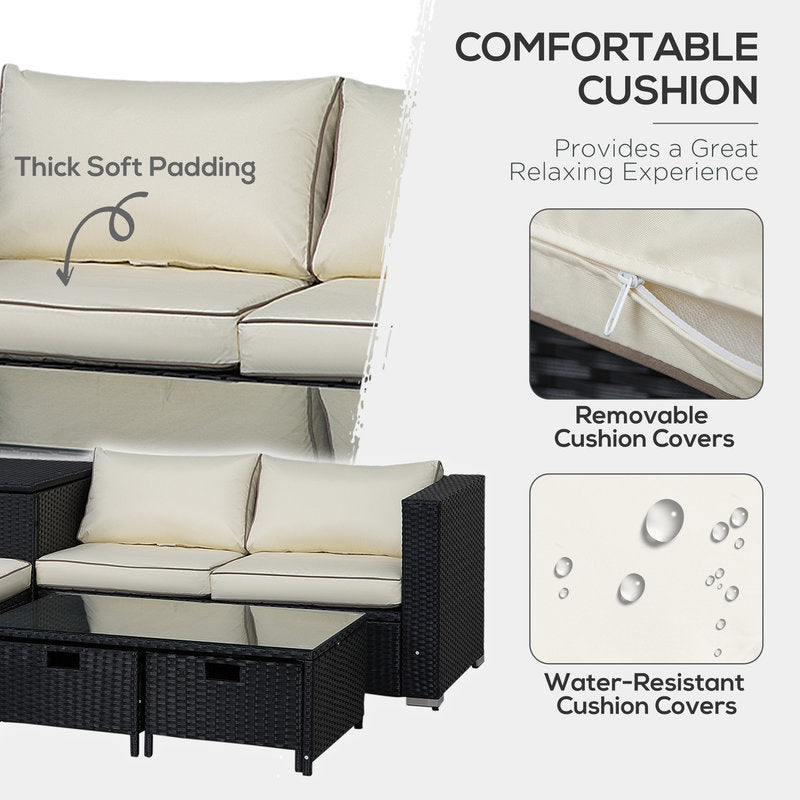 Outdoor furniture set with beige cushions, emphasizing comfort and durability.
