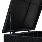 Black woven outdoor chair with reclining backrest on a white background