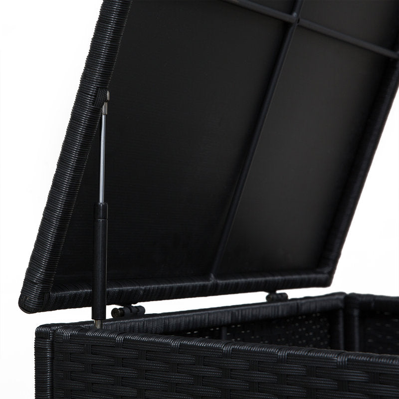 Black woven outdoor chair with reclining backrest on a white background
