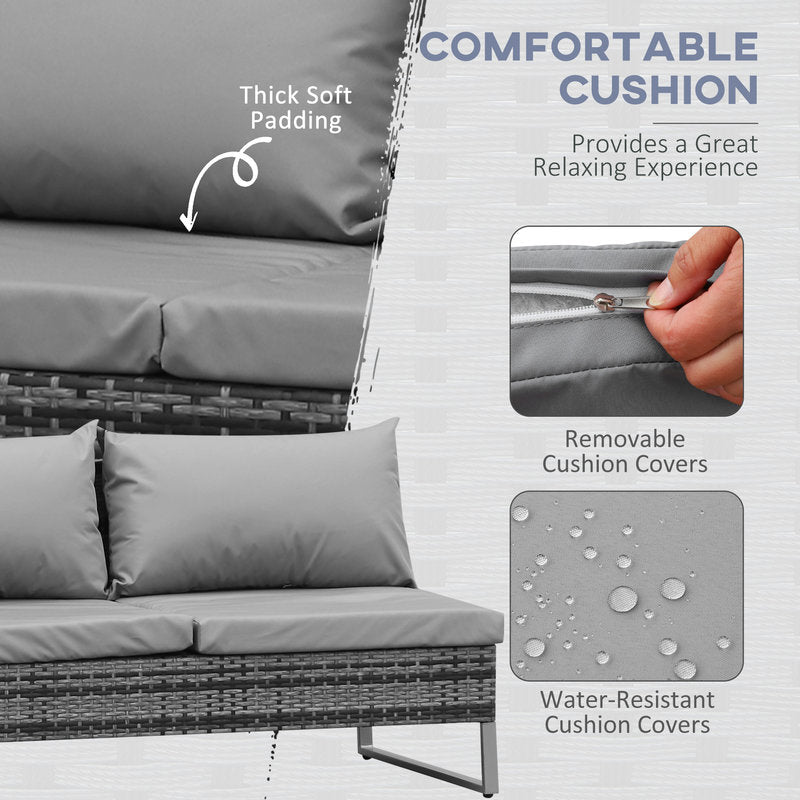 Gray cushioned swing with text highlighting comfort, water resistance, and removable covers.