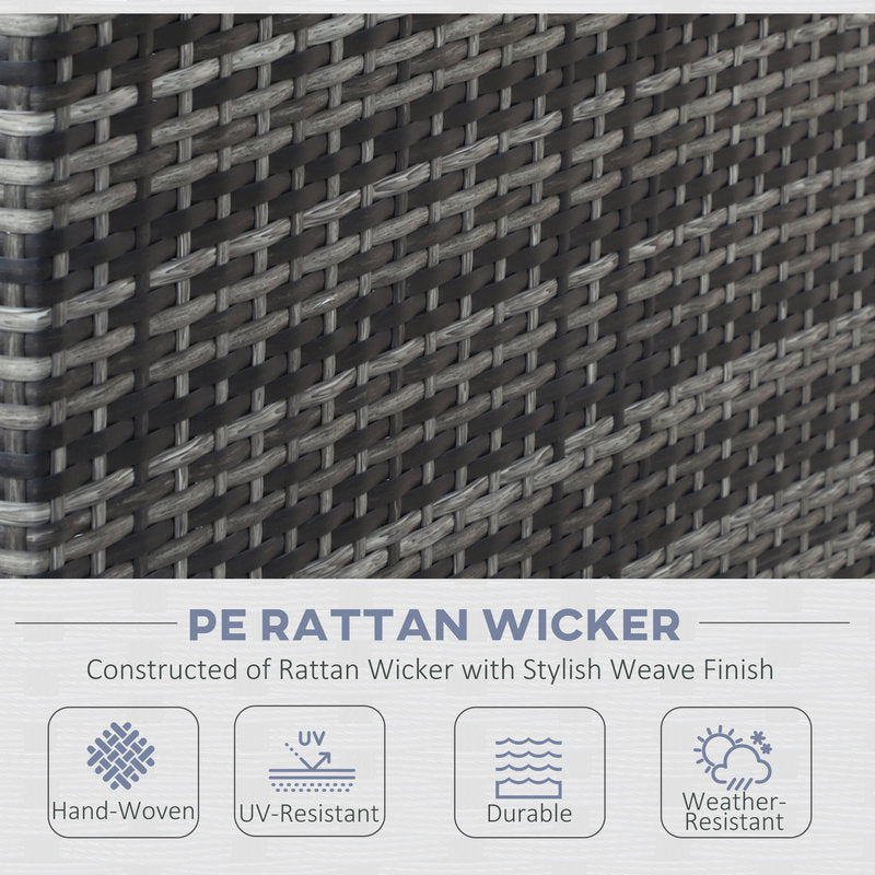 Close-up of PE rattan wicker material with text highlighting its features.