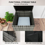 Close-up details of a wicker outdoor furniture set showing the storage box.