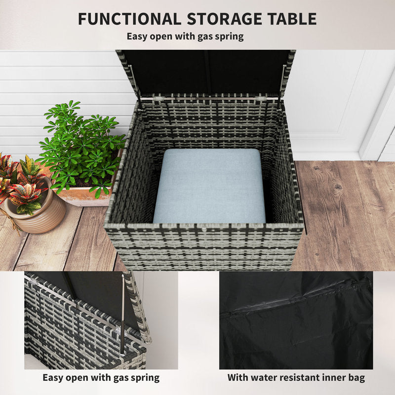 Close-up details of a wicker outdoor furniture set showing the storage box.