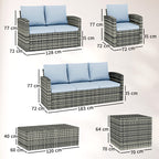 Dimensions of outdoor furniture set with wicker design and blue cushions.