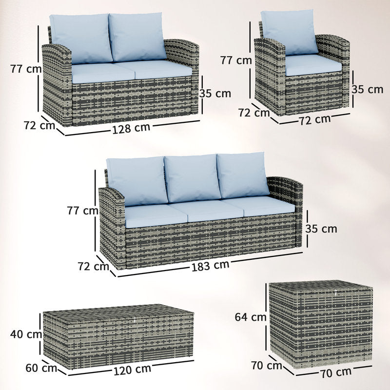 Dimensions of outdoor furniture set with wicker design and blue cushions.