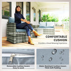Woman sitting on a cushioned outdoor chair with text highlighting features like thick soft padding and water-resistant covers.
