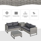 Outdoor furniture set with gray cushions and a small table, featuring text on material types.