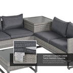 Gray outdoor sectional sofa with cushions and a coffee table on a white background