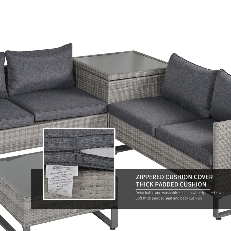 Gray outdoor sectional sofa with cushions and a coffee table on a white background