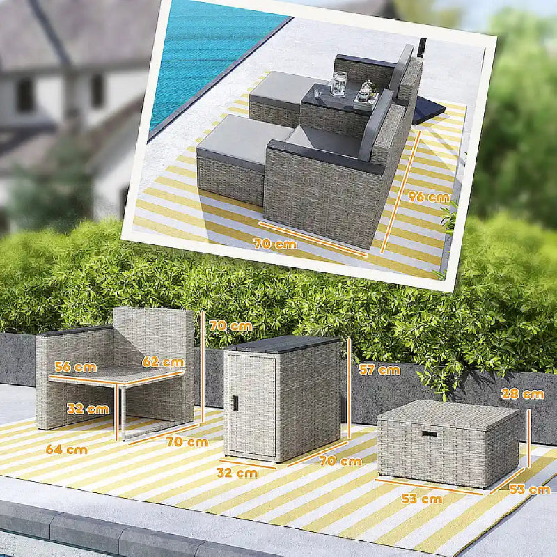 5 Piece Rattan Garden Furniture Set with Storage Table, Footstools, Cushions - Grey Secondary image