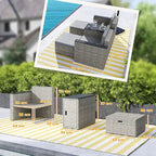 Outdoor furniture set with dimensions displayed on a patio