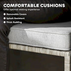 Gray cushion on a wicker chair with text about comfortable cushions.