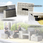 Outdoor furniture set with cut-out handle, decorative armrest, and adjustable foot pads shown in detail.
