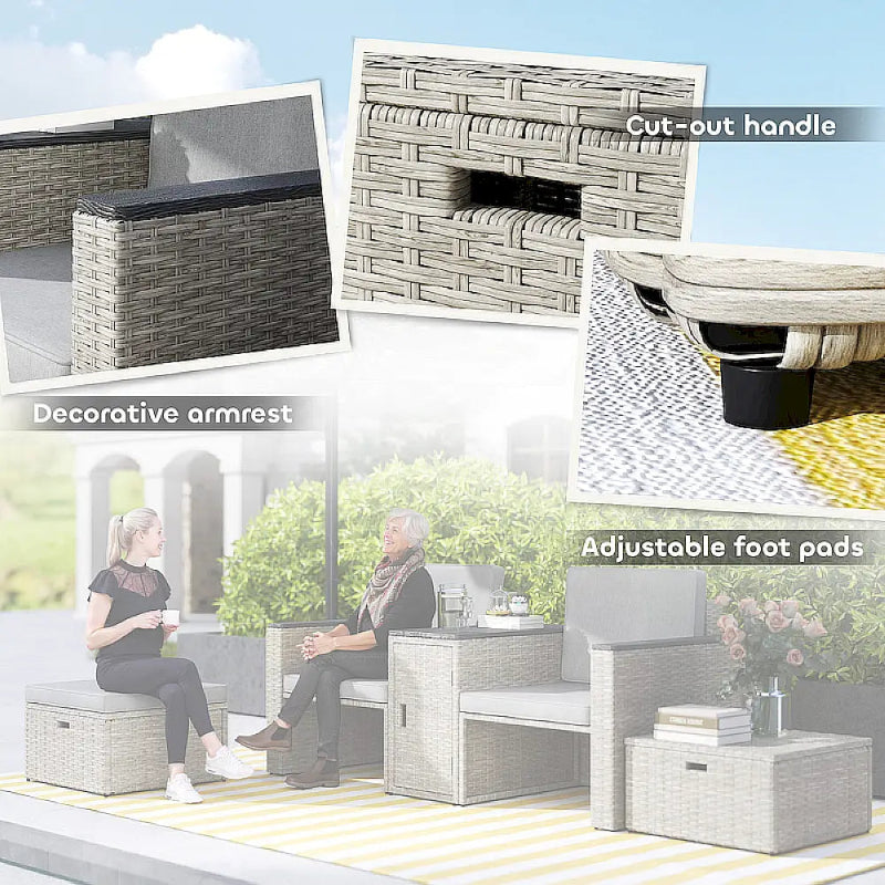 Outdoor furniture set with cut-out handle, decorative armrest, and adjustable foot pads shown in detail.