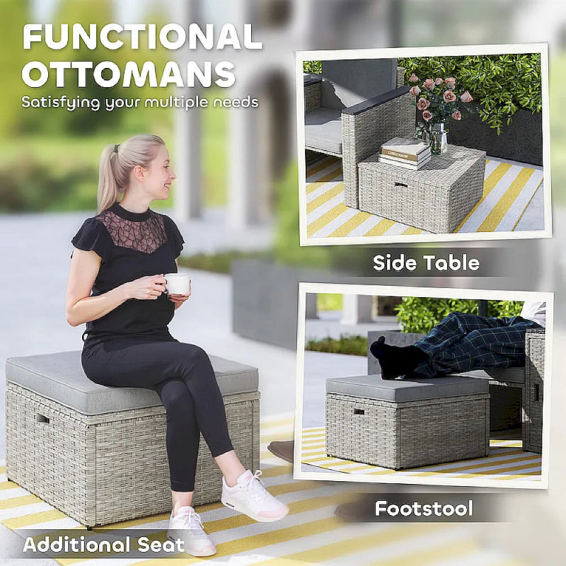 Woman sitting on a wicker ottoman with text highlighting its multiple uses as a side table, footstool, and additional seat.