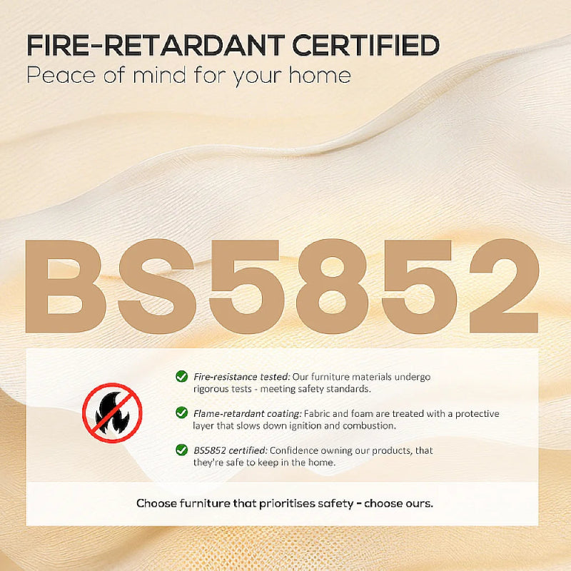 Fire-retardant certified label with BS5852 on a beige background