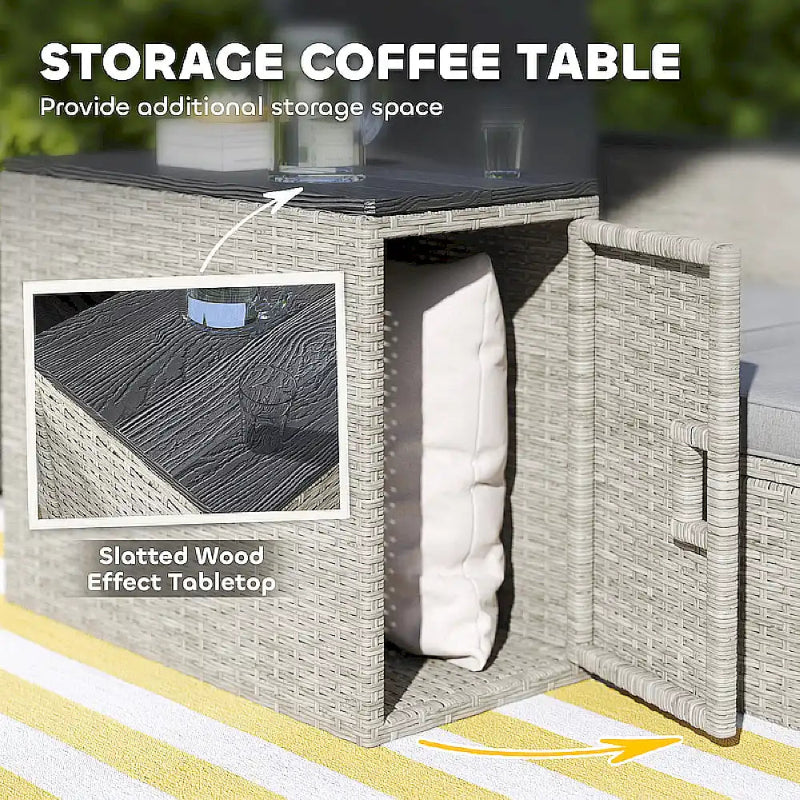 Storage coffee table with slatted wood effect tabletop and cushioned storage space, outdoor setting.