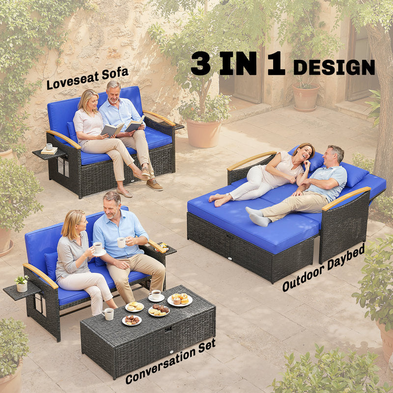 Outdoor furniture set with 3-in-1 design labeled as loveseat sofa, outdoor daybed, and conversation set.