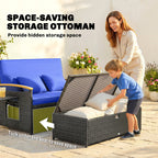 Woman and child interacting with a space-saving storage ottoman on a patio.