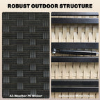 Robust outdoor structure with all-weather PE wicker and galvanized metal frame.
