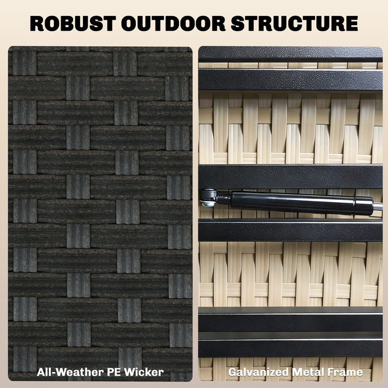 Robust outdoor structure with all-weather PE wicker and galvanized metal frame.
