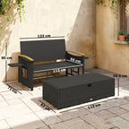 Garden bench and storage box with dimensions marked, set against a beige wall.