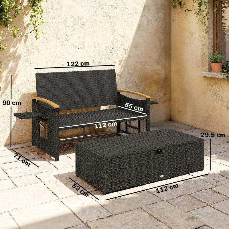 Garden bench and storage box with dimensions marked, set against a beige wall.