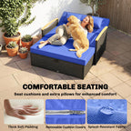 Woman with a dog on a blue outdoor sofa with text highlighting comfort features.