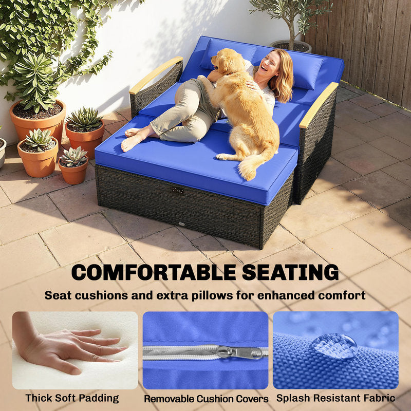 Woman with a dog on a blue outdoor sofa with text highlighting comfort features.