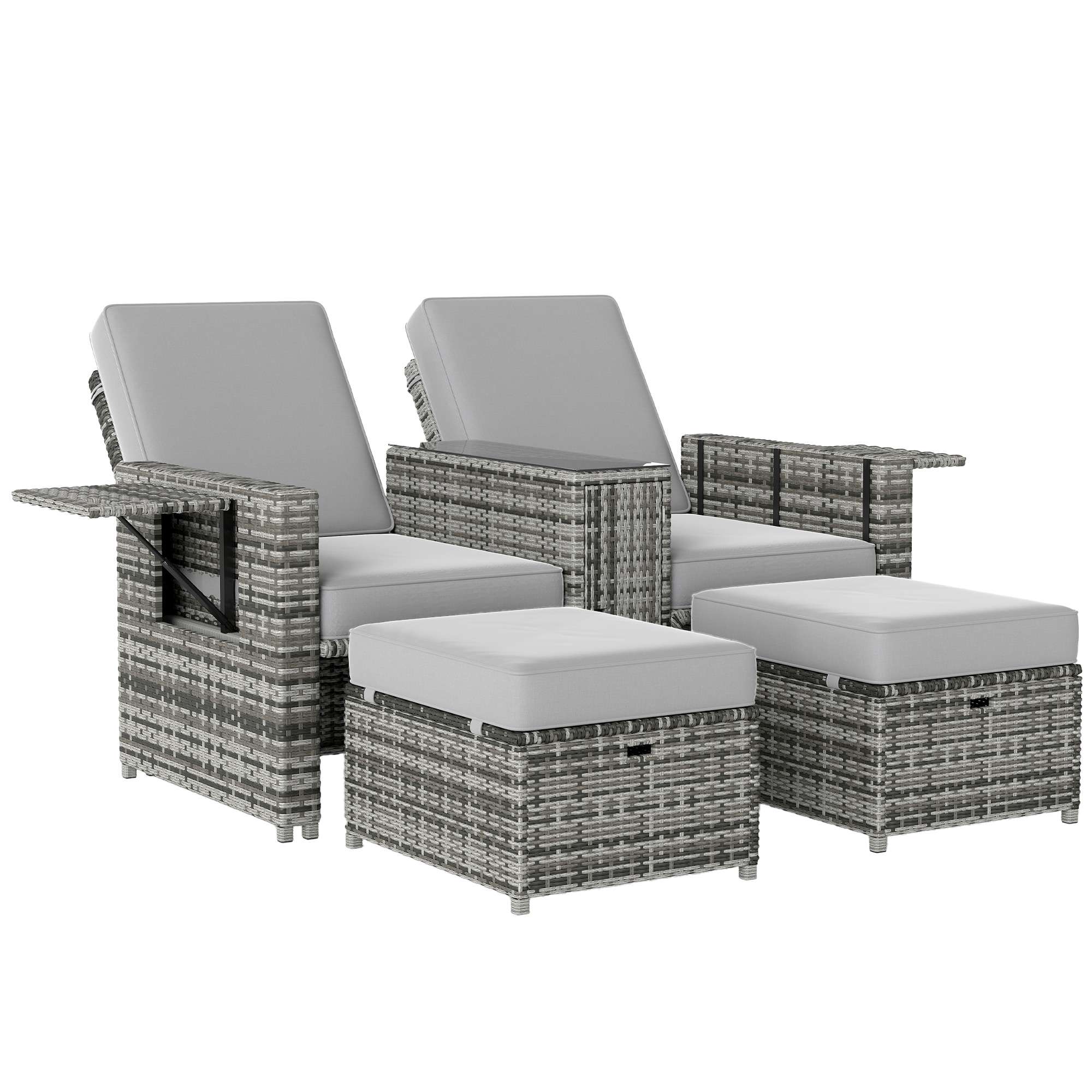 Outdoor furniture set with two chairs and two ottomans on a white background