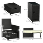 Black wicker outdoor furniture set with dimensions on a white background