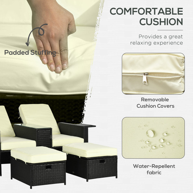 Outdoor furniture set with beige cushions, highlighting comfort and features like water-repellent fabric.