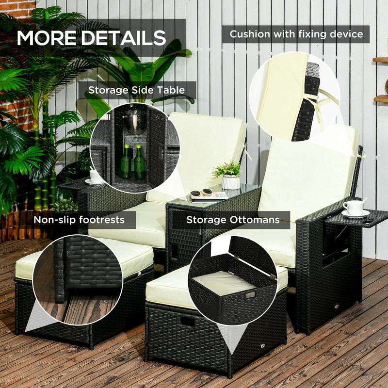 Outdoor furniture set with cushions and side tables on a wooden deck.