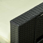 Close-up of a black woven outdoor bench against a neutral background