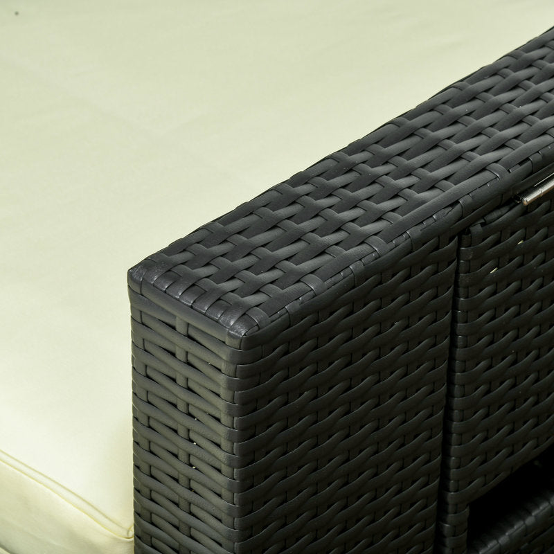 Close-up of a black woven outdoor bench against a neutral background