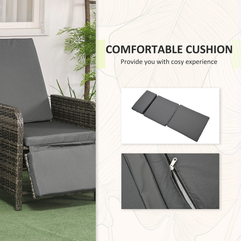 Gray cushion on a wicker chair with close-up details and text about comfort.