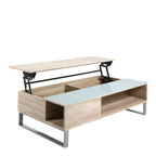 Wooden coffee table with lift-top design on a white background